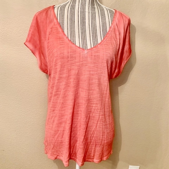 Buffalo Top Large Coral Semi-Sheer Short Sleeves Open Shoulders V-Neck Viscose - Picture 1 of 16